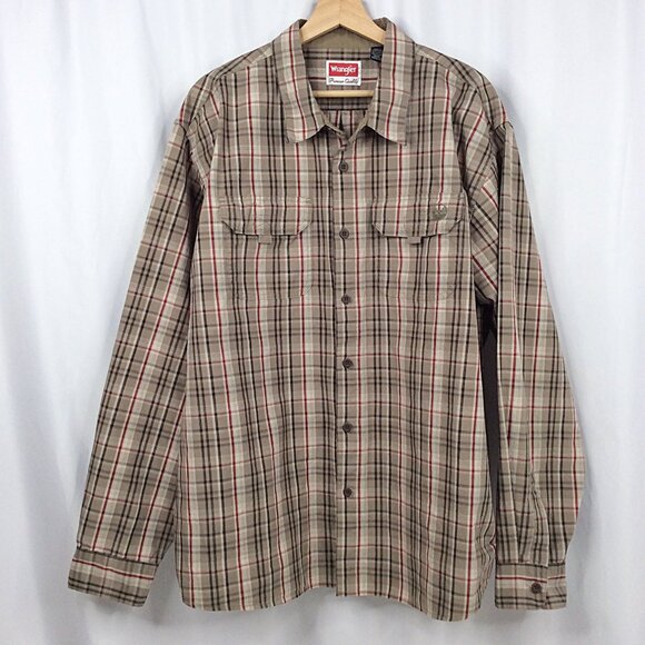 Wrangler Plaid Shirt Mens Size 2XL XXL Beige Burgundy Long Sleeve Button Down - Picture 1 of 4